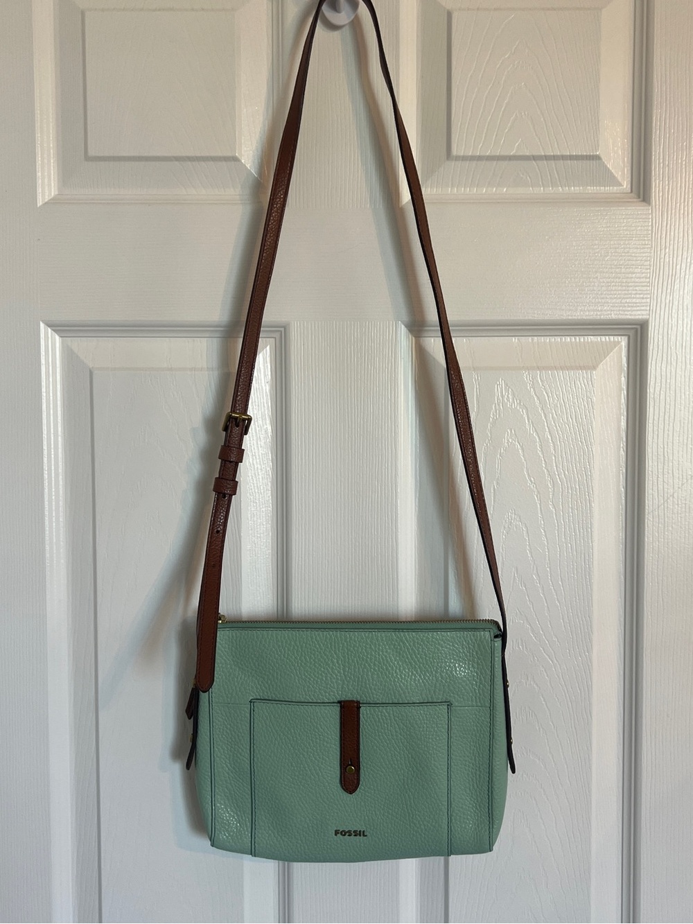Fossil Mint Green Pebbled Leather Crossbody with Brown Strap